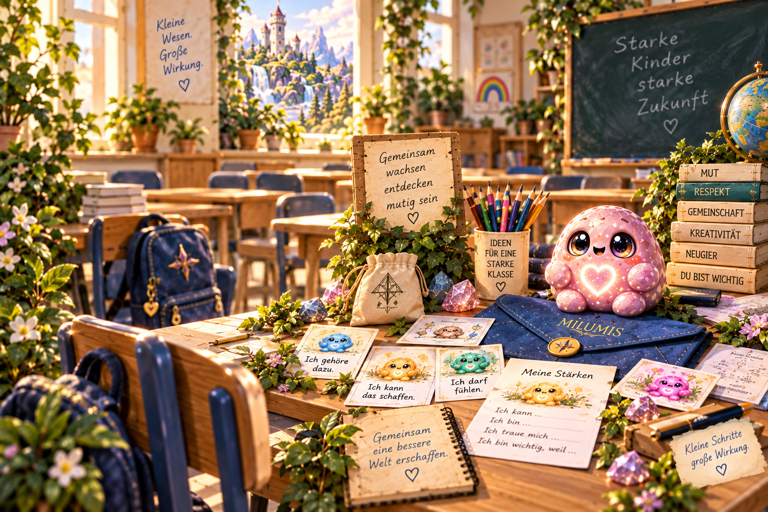 Milumis im Klassenzimmer mit Materialien für Schulen